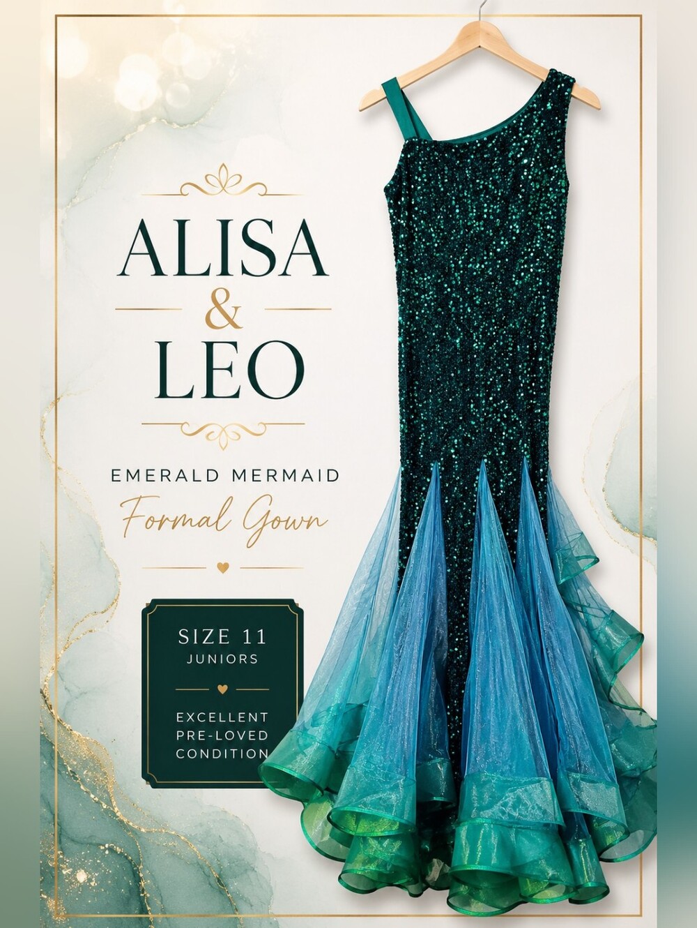 Alisa & Leo Emerald Sequin Mermaid Formal Gown Prom Dress One Shoulder 11Y
